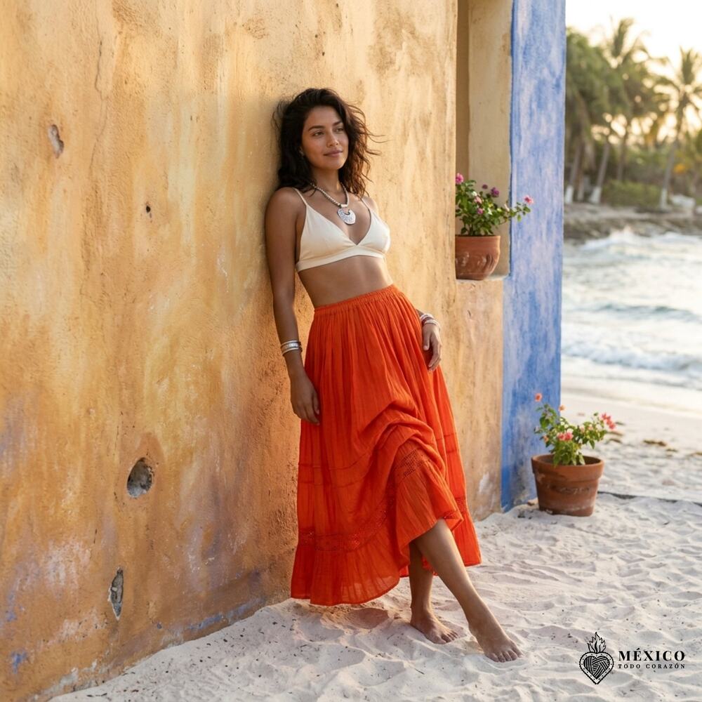 Orange Mexican Gauze skirt good for beach wear yoga one size 24 x 32 maxi skirt